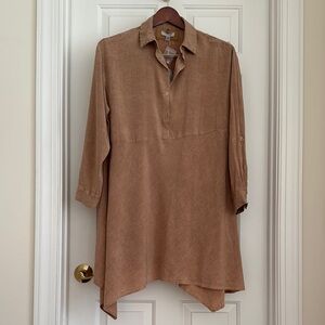 Cupio Top Size M Tan Casual Button Tunic Asymmetrical Hem Collar Rollup Sleeves